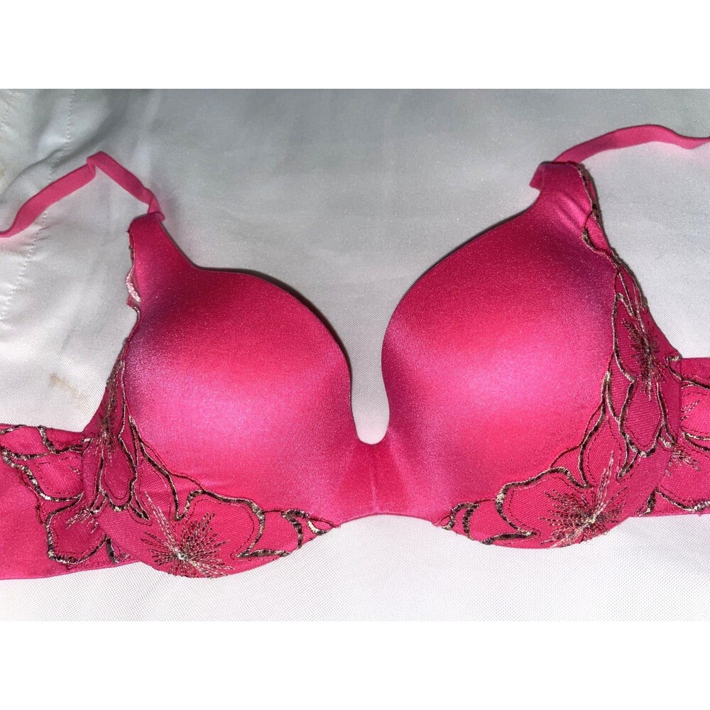 Victoria Secret 34C Lined Demi Hot Pink Vintage gold Floral lace Sexy